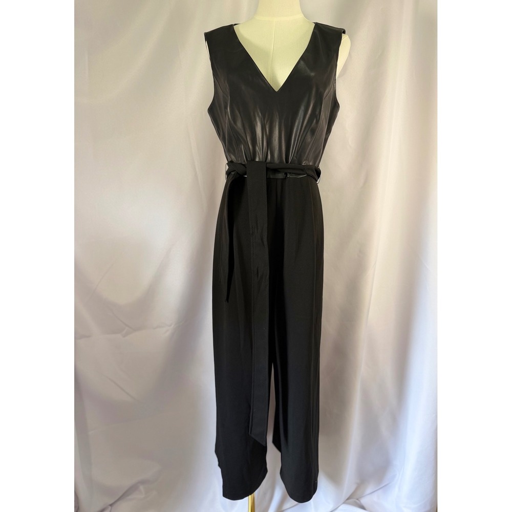 Calvin Klein Black Faux Leather Sleeveless Jumpsuit Wide Leg Tie Waist Size 12